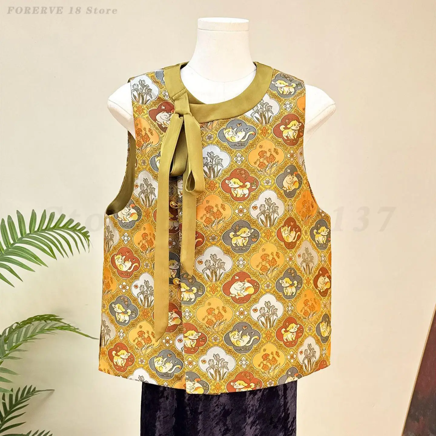 Chinese Style Round Neck Fashion Waistcoat Vest Women's Vintage Traditional Hanfu Top Spring Summer Sleeveless Outerwear Coat
