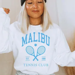 2024 Autumn New Malibu Tennis Club Graphic Printing Women White Sweatshirt Vintage Style Long Sleeve Loose Cotton Thick Pullover