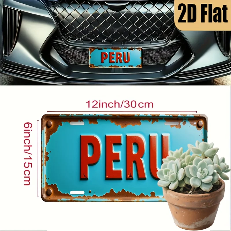 1pc Vintage Argentina License Plate - Turquoise & Red Retro Design with PERU Text,Heavy-Duty Aluminum Car Plate for Home, Office