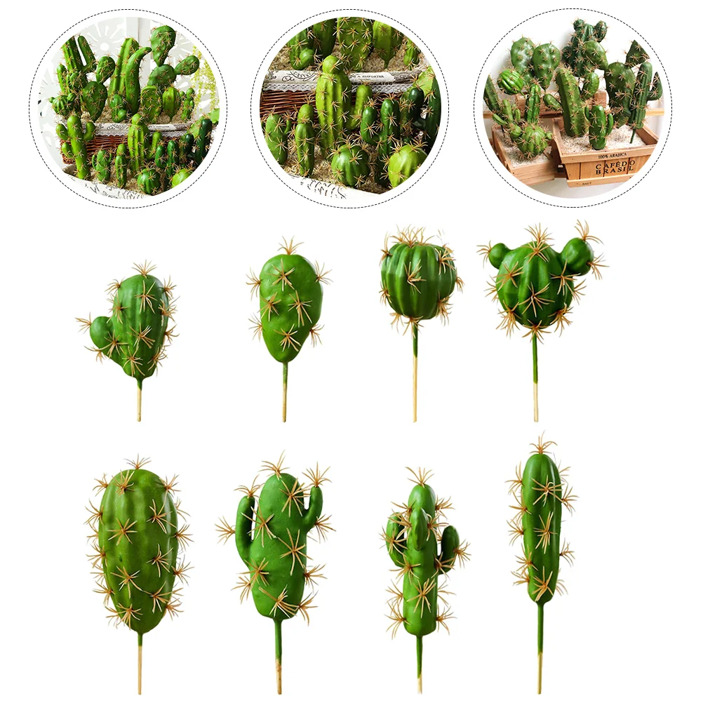 8 Pcs Artificial Cactus Plant Simulated Faux Decorative Fake Succulent Flower Miniature Plants Green Glass