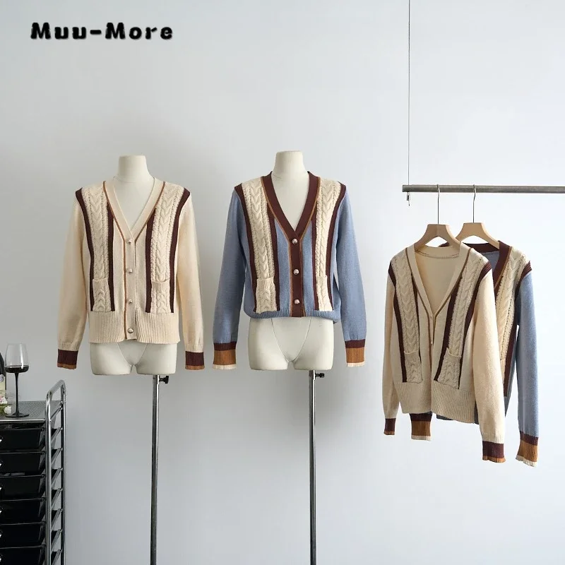 

2023 Winter Casual Office Lady Knitting Patchwork Long Sleeve Cardigans Women's Fashion Round Neck Pockets Elegant Sweater Top