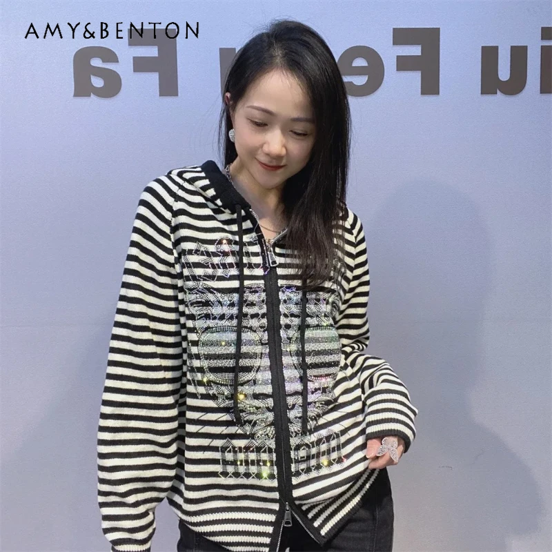 

Кардиган с капюшоном и стразами, повседневный свободный полосатый свитер с капюшоном, вязаная куртка с длинными рукавами, трикотаж на молнии, толстовка, пальто для женщин