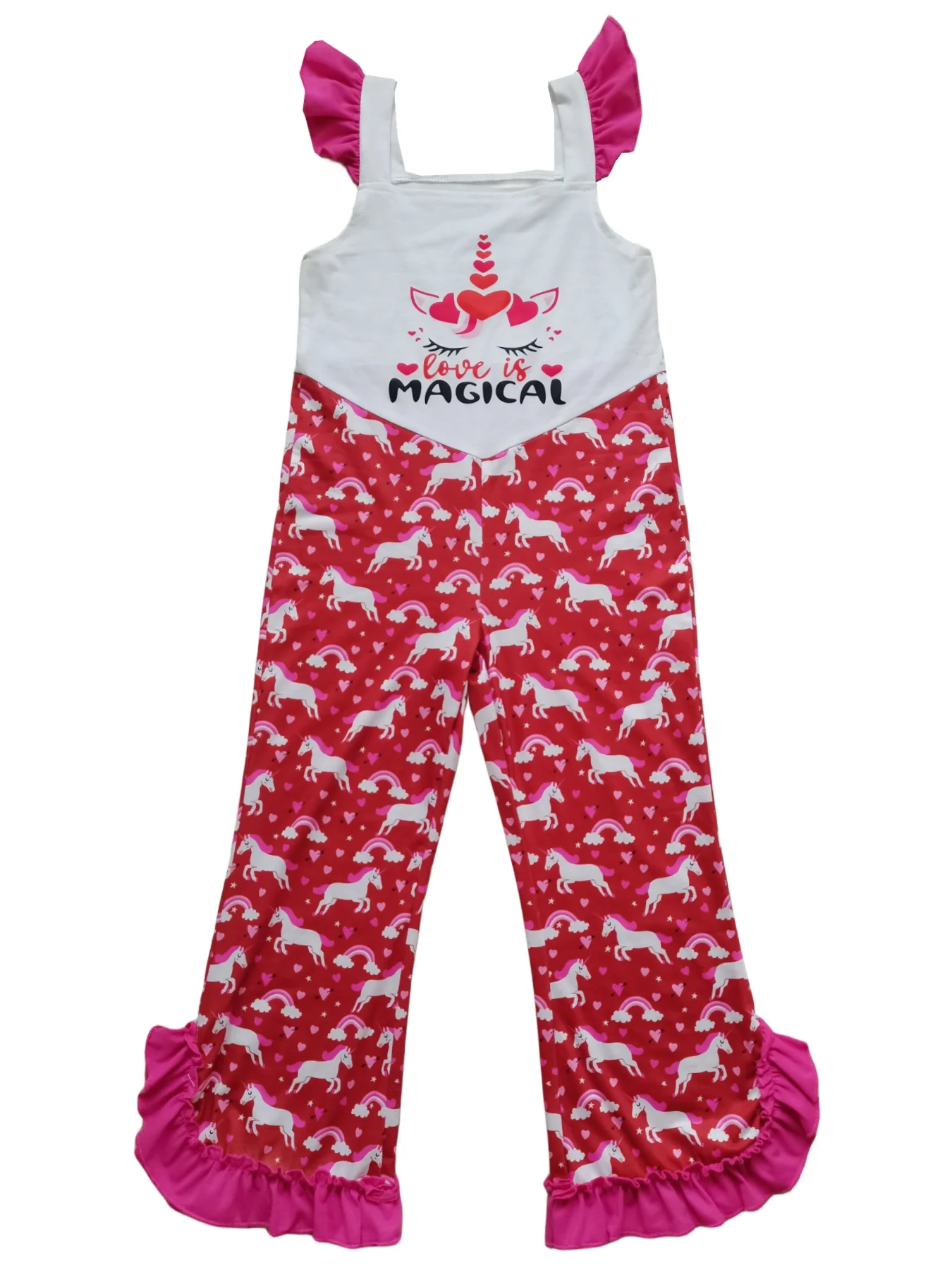 Teenager Girl Unicorn Jumpsuit Summer Red Hearts Ruffle Sleeve Kids  Magical Princess Inspired Onesie view 3