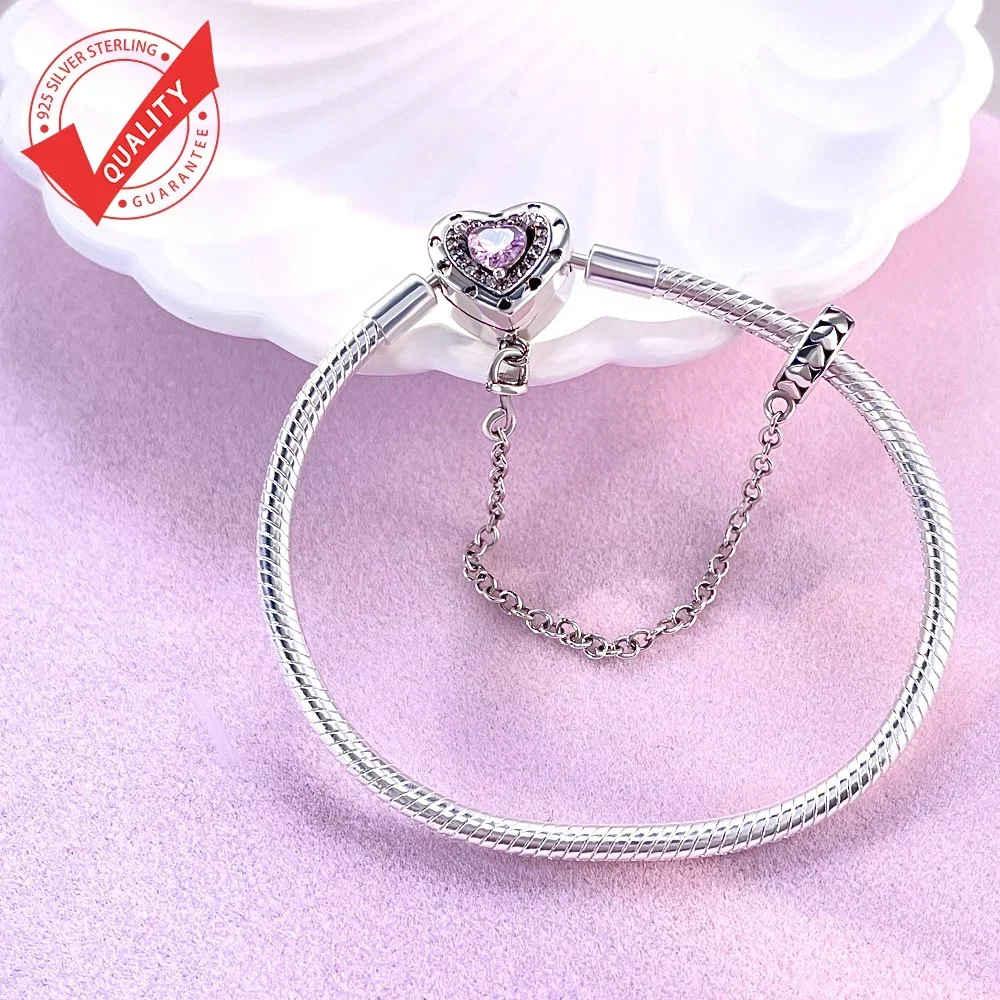 New 925 Sterling Silver Pink Heart Bracelet Shiny Zircon Fit Original Charms Bracelet DIY Jewelry Making Fine Gifts for Women