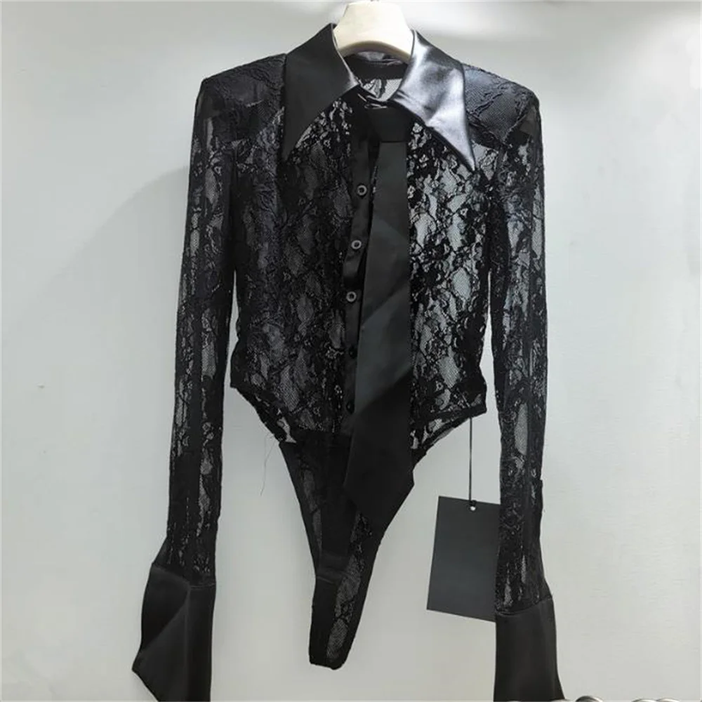 Black white lace lapel top 2026 new long sleeved tie fashionable casual shirt women