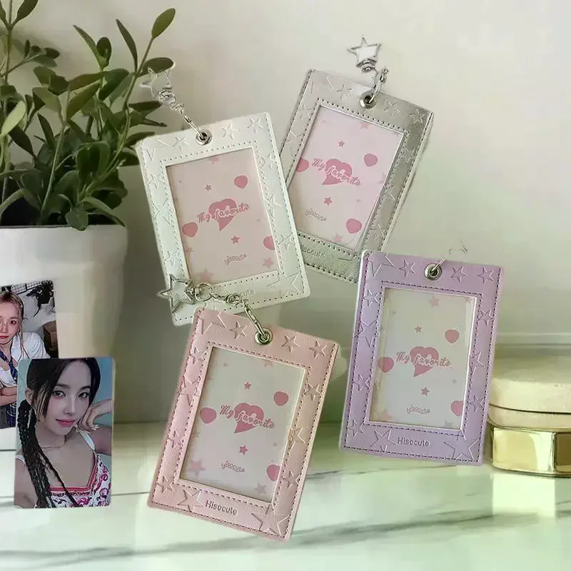 Cute PU Leather Star Photocard Display Storage Protective Cover, Keyring Pendant Bag Charms Gifts Card Holder