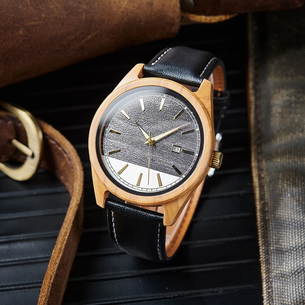 Men's Leather Wristwatch New BOBO BIRD Watch Special Design Men Wooden Watches Japanese Quartz Movement Timepieces Custom Gift