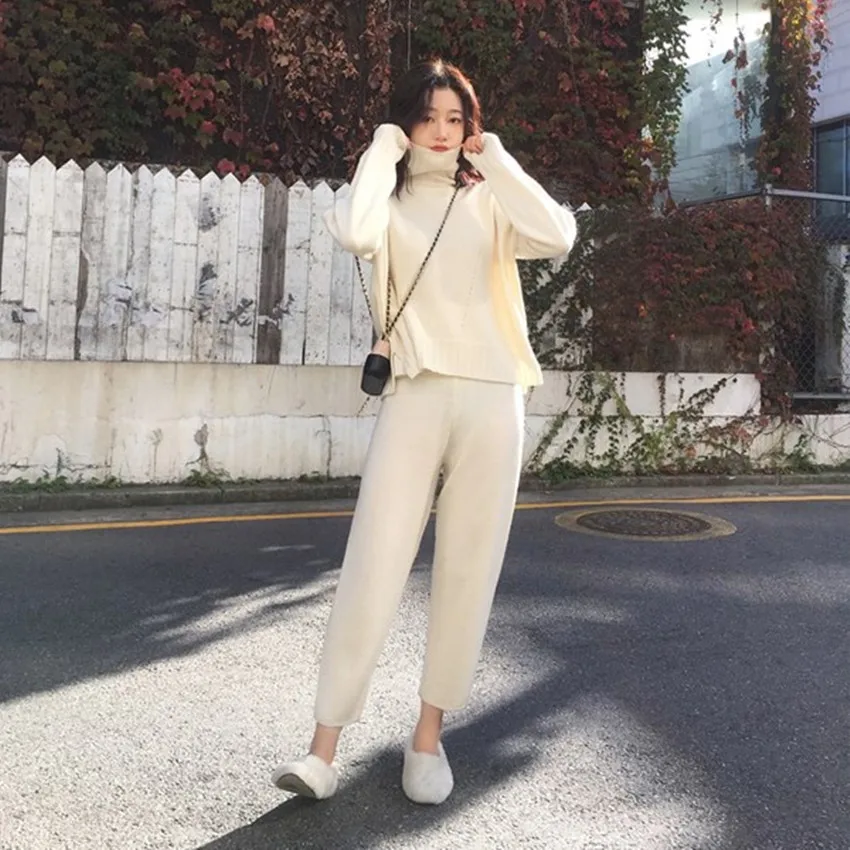 JSXDHK Women Turtleneck Warm Knit Tracksuit Fashion Split Knitted Loose Sweater 2 Piece Pant Set + Elastic Waist Pants Suits