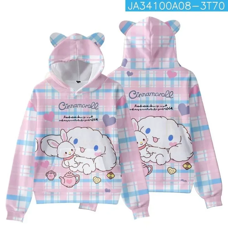 San Kawaii Women Men Long Sleeve Hoodies Cinnamoroll Pompom Purin Pullover Cute Cat Ear Hooded Sweatshirts Boys Girls