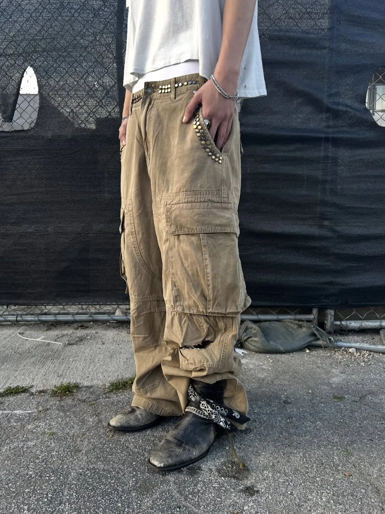 Jadedldnman old brown riveted wrecking overalls cargo street slacks