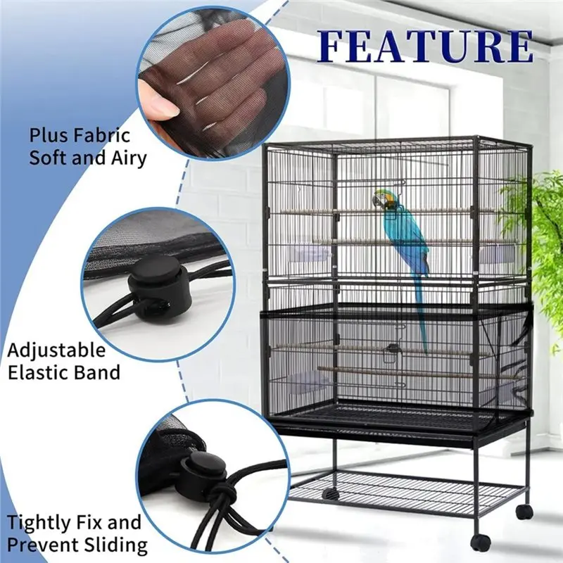 B97A-Adjustable Nylon Mesh Net Large Bird Cage Cover, Birdcage Cover Skirt, Bird Cage Seeds Catcher, Seeds Guard For Parrot view 4