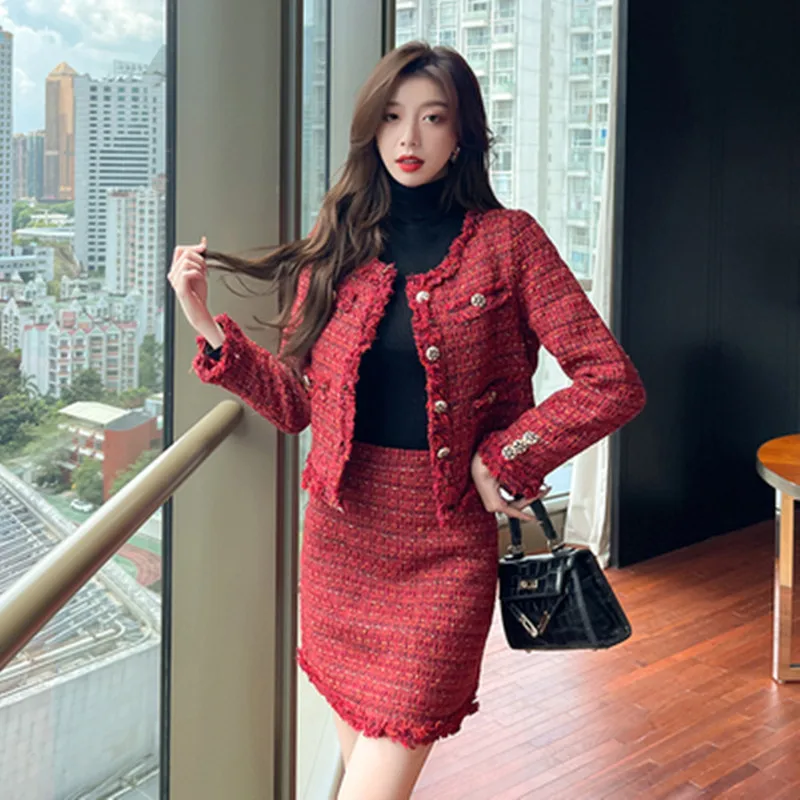 Autumn Winter Red Wool Tweed 2 Piece Set Women Golden Single Breasted Long-Sleeved Jacket Coat + Tassel Mini Skirt Suit