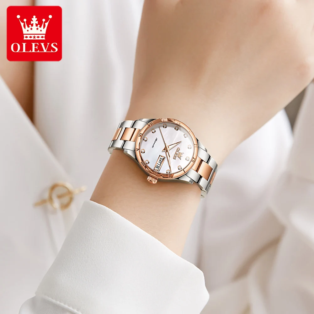 OLEVS Luxury Stainless Steel Women Mechanical Watches Elegant Minimalist Diamond Calendar Waterproof Ladies Automatic Watch 2024