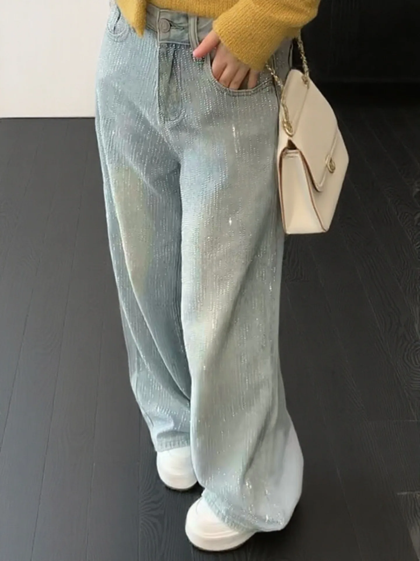 

American Rhinestone Appliques Jeans For Women 2026 Spring New Casual Fashion Blue High Waist Straight Leg Shiny Denim Pants