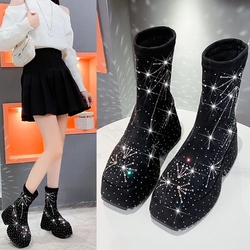 High Appearance Level Thick Sole Increase Color Diamond Foreign Style All Comfortable Non-slip Breathable Women's Ankle Boots