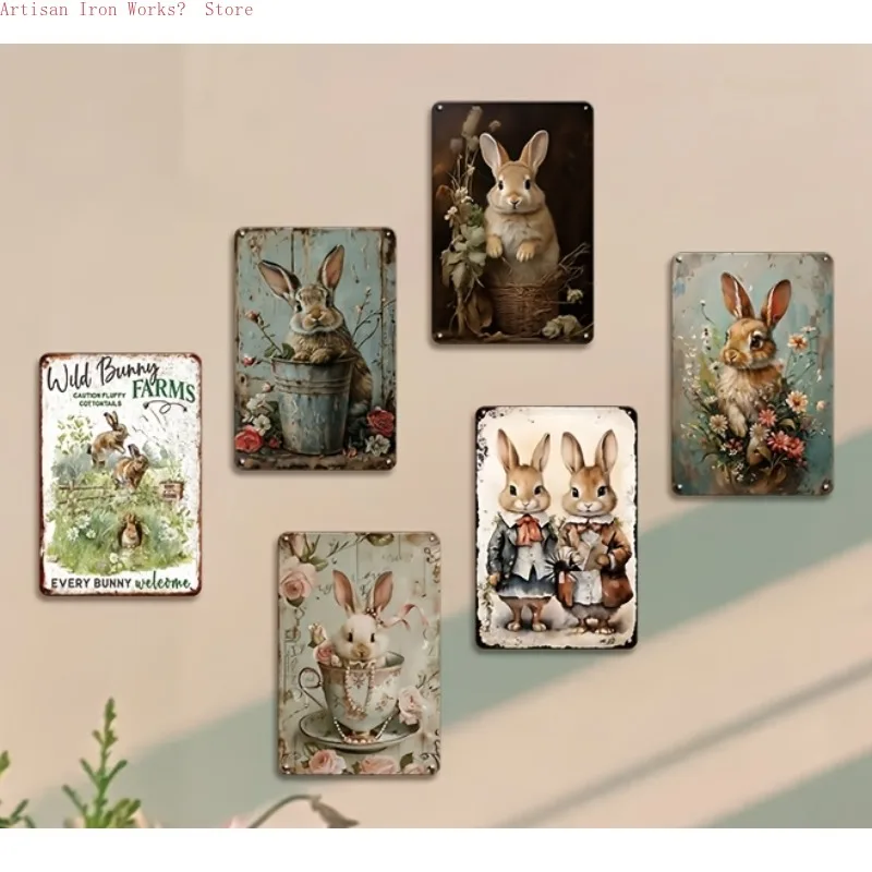 6 Stück niedliche Kaninchen-Metallschilder, Blechposter im Vintage-Stil für den Garten, Bauernhaus-Wandkunst, fertig zum Aufhängen, perfekte Geschenkidee!