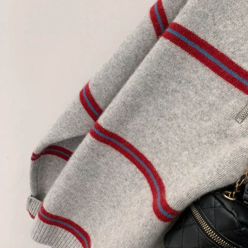 2024 Polo Collar Half Zip Chain Sweater Women's Autumn Winter Lazy Style Color Block Knitwear Pullover Stripe Loose Knit Sweater