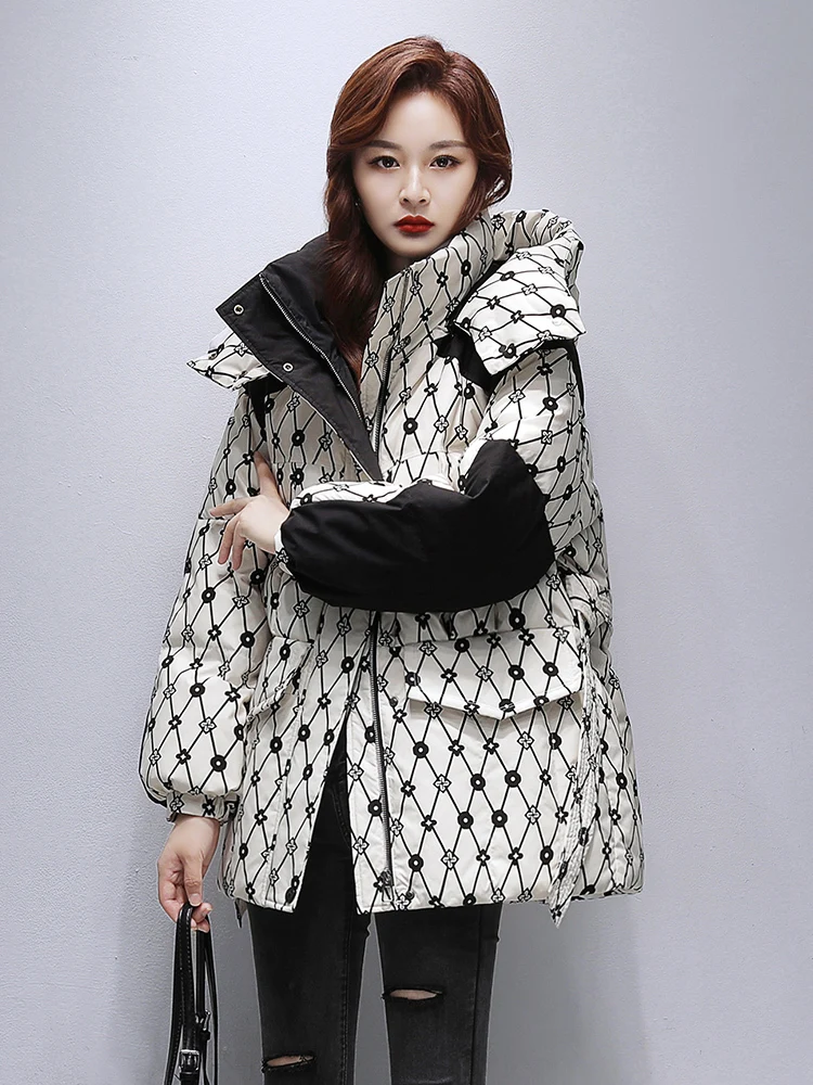 2024 Autumn Winter Fashion White Duck Down Warm Hooded Printed Coats Zipper Pockets Design Korean Casual Outerwear