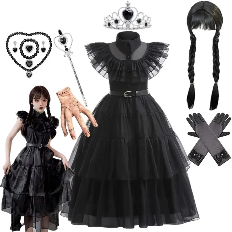 W-Wednesday Costume Wig Props Girl Birthday Princess Costume Black Fancy Halloween Carnival W-Wednesday Cosplay Dresses for Kids