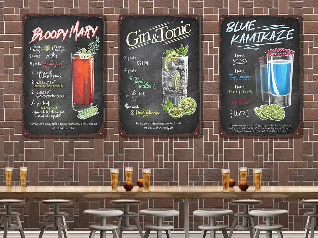 لافتة كوكتيل من القصدير، وصفات كوكتيل عتيقة، لافتات معدنية لتزيين جدران بار المنزل مقاس 12 × 8 بوصة - ماري الدموية