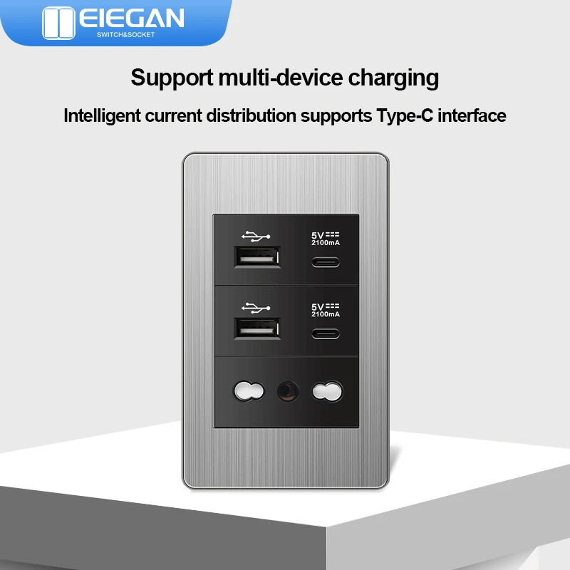 

ELEGAN Black Stainless Panel Italy Standard Type-C EU Outlet Plug Wall Socket Light Switch EU 1/2/3/4/5/6Gang Switch Home Decor