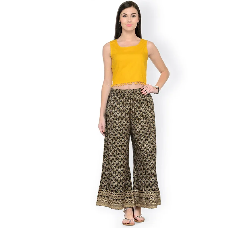 Shalwar Indian Pants Thin Ethnic Gold Printed Black Wide Leg Pants Cotton Trousers  Shalwars Salwar Indian Dress Women Costume - view 3