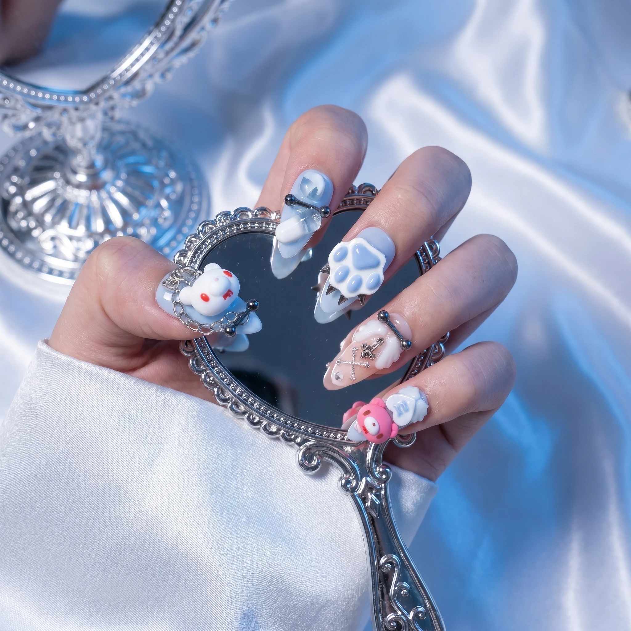 3D Spiked Paw Charm Handmade Press On Nails Pastel Blue Pink Gothic Y2K Reusable Fake Nail For Girls Daily Cosplay