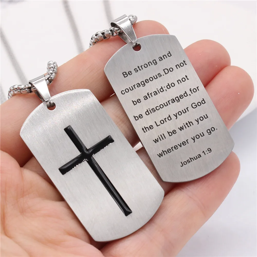 

Retro Cross Bible Men's Necklace with ''Be Strong and Courageous ''Dog Tag Pendants Religious Jewelry