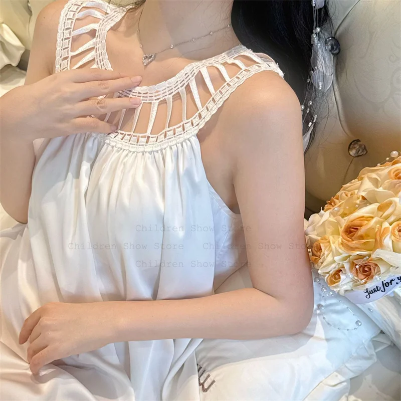 

Sexy Embroider O-Neck Sleepwear Nightgown White Home Dress Women Solid Color Pajamas Summer Nightdress Loungewear Lingerie