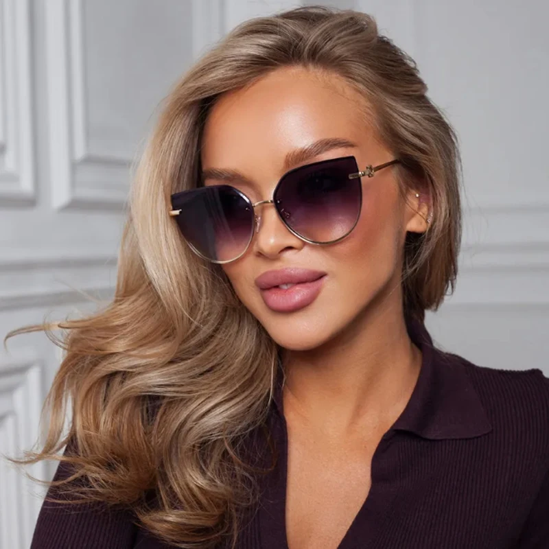 2 قطعة العصرية بدون شفة المعادن القط العين النظارات الشمسية الإناث التدرج عدسة نظارات شمسية النساء خمر بدون شفة متعدد الألوان نظارات UV400 #5