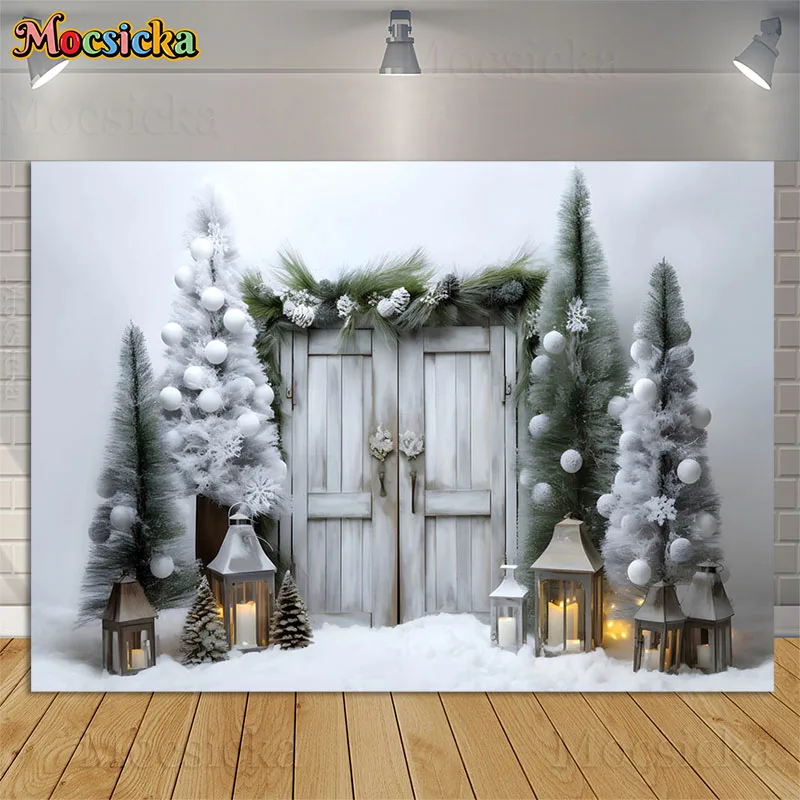 

Christmas Photography Background White Wooden Door Xmas Tree Snow Decor Kids Family Portrait Backdrops Photo Studio Photocall