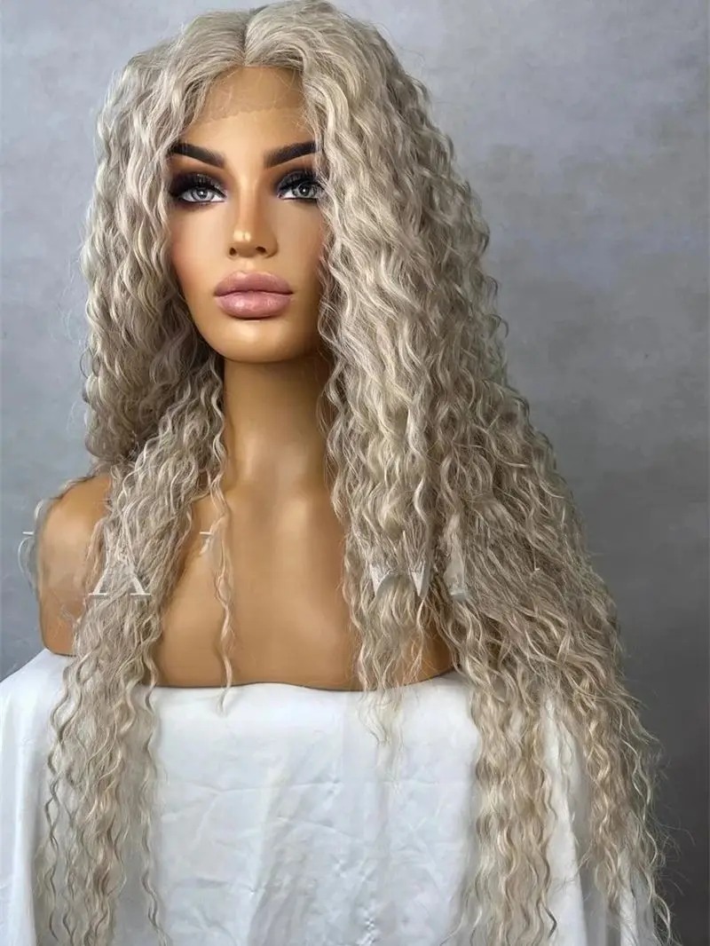 

Realistic Hairline Wig Ombre Ash Grey Blonde Long Curly Heat Safe Lace Front Synthetic Wig Free Part Glueless Natural Looking 28