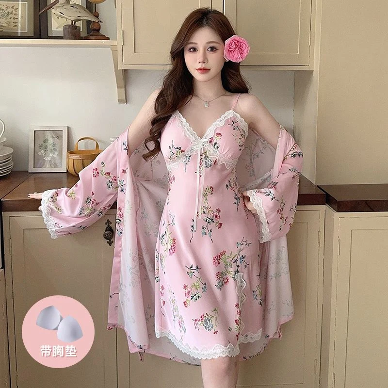 2025 Summer 2PCS Silk Satin Print Sexy Lace Lingerie Nightgowns Robe Sets Women Bathrobe Sleepwear Nightdress Night Dress Nighty