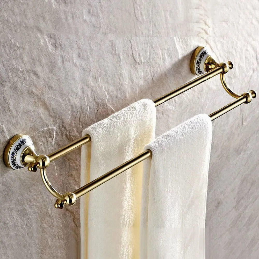 

Luxury Gold Color Brass Double Towel Bar Wall Mount Towel Shelf Hanger Bathroom Towel Rail Holder tba255