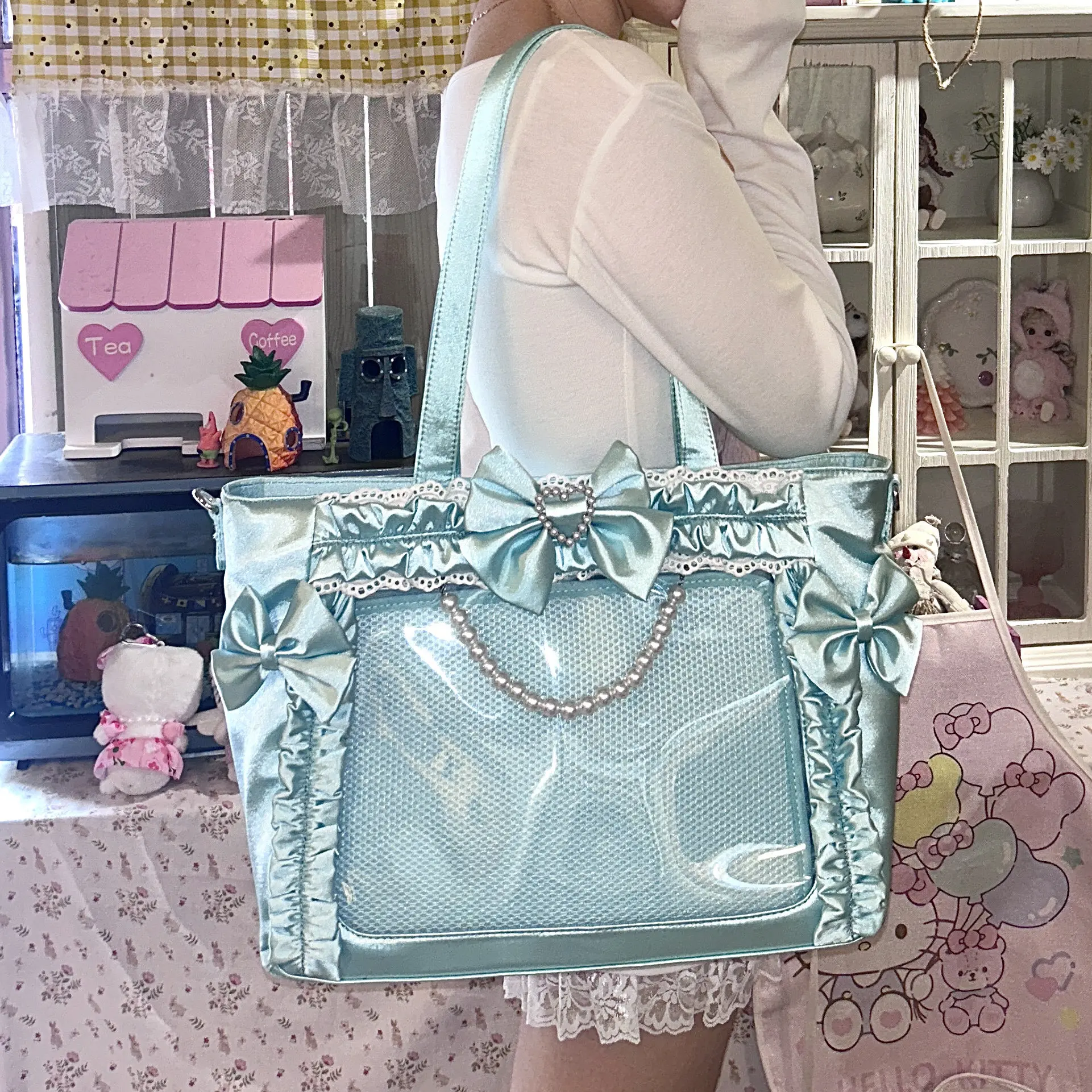 Square Satin Pearl Ita Bag Japan Original Sweet Bow Sac Femme High Capacity Tote Bolsos Mujer Shoulder Bags for Woman Bolso