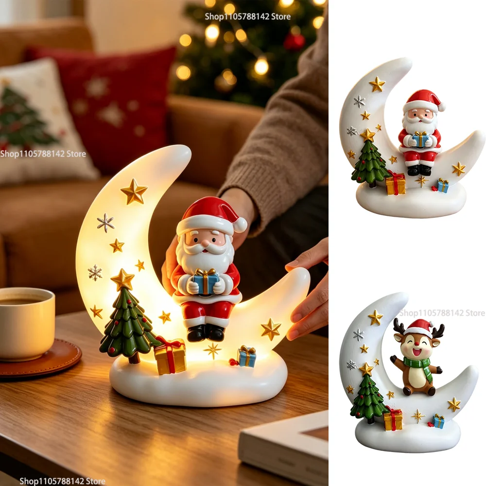Christmas Moon Santa Claus Reindeer Snowman Warm Glow Resin Figurine Christmas Ornament Home Decoration Gift