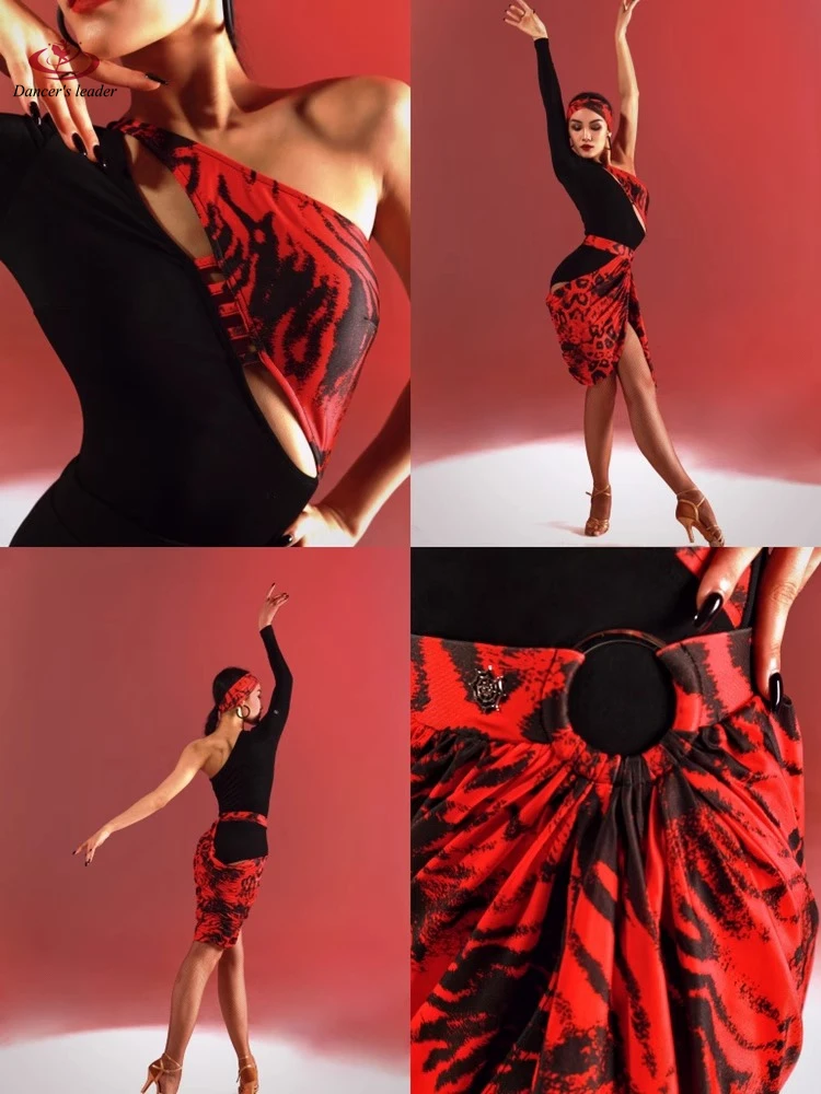 

Latin Dance High-end Diagonal Shoulder Color Matching Personalized Design Sense, Red Leopard Print Half Skirt Dance Clothing