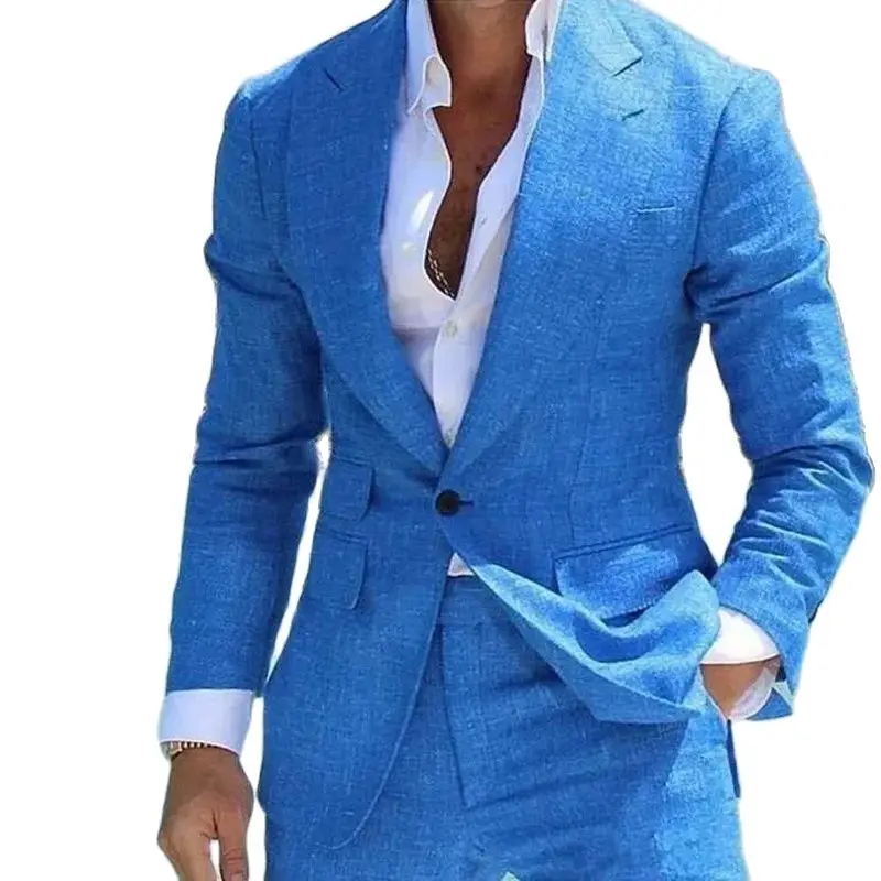 Costume Summer Linen Blue Beach Wedding Tuxedos Peaked Lapel One Button Groom Wear Formal Best Man Blazer Suits (Jacket+Pants)