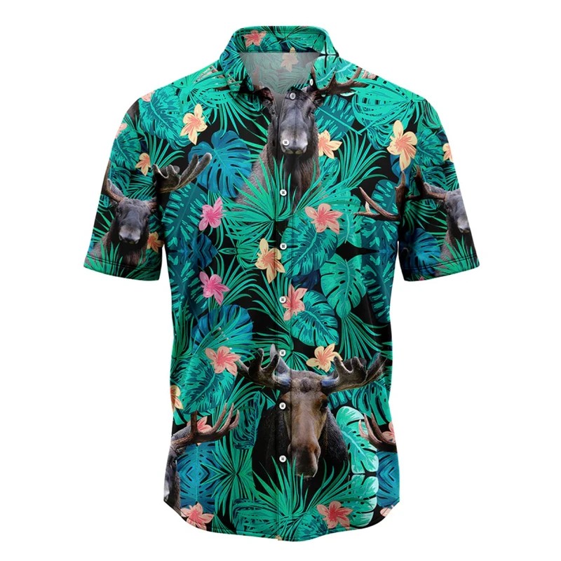 

Fashion Moose Pattern Hawaiian Shirts For Men Summer Casual Short Sleeve 3D Printed Lapel Shirt Loose Breathable Vacation Blouse