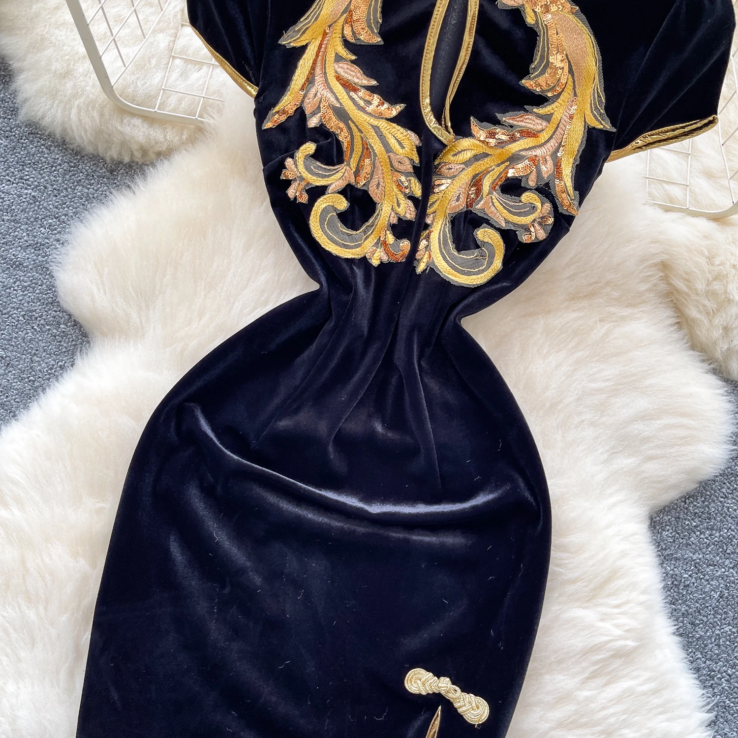 Chic vintage Embroidered split hollow out slim Elegant Fairy korean fashion Boho Sundress women clothing