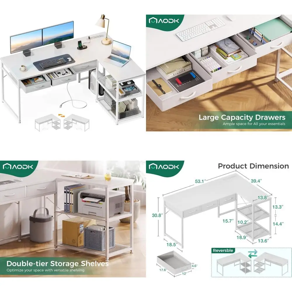 

L-образный 53-дюймовый компьютерный стол с выдвижными ящиками, угловой стол с розетками, двусторонними полками, подвижной подставкой для процессора для Opti