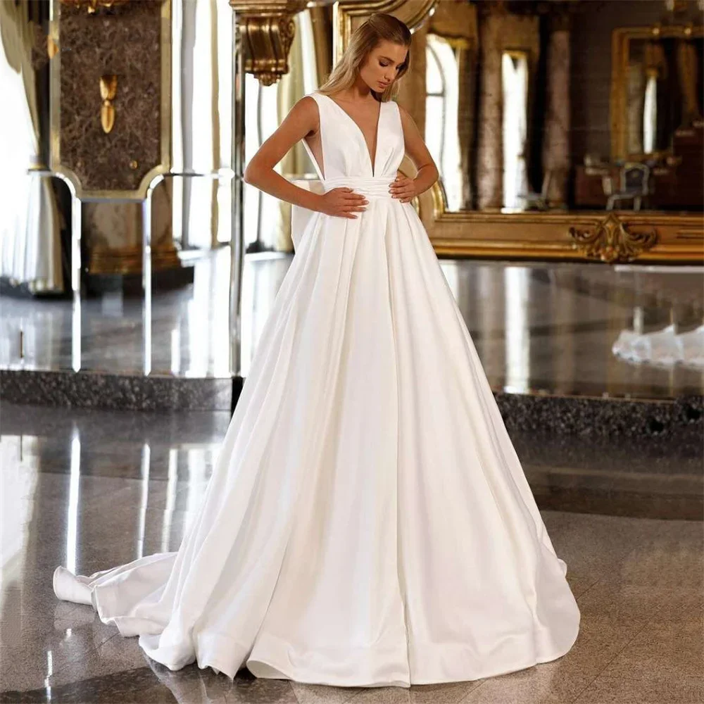 Flavinke Elegant Wedding Dresses Women V-Neck Pleat Open Back Bow Satin Spaghetti Straps Bridal Ball Gowns Vestidos De Noiva