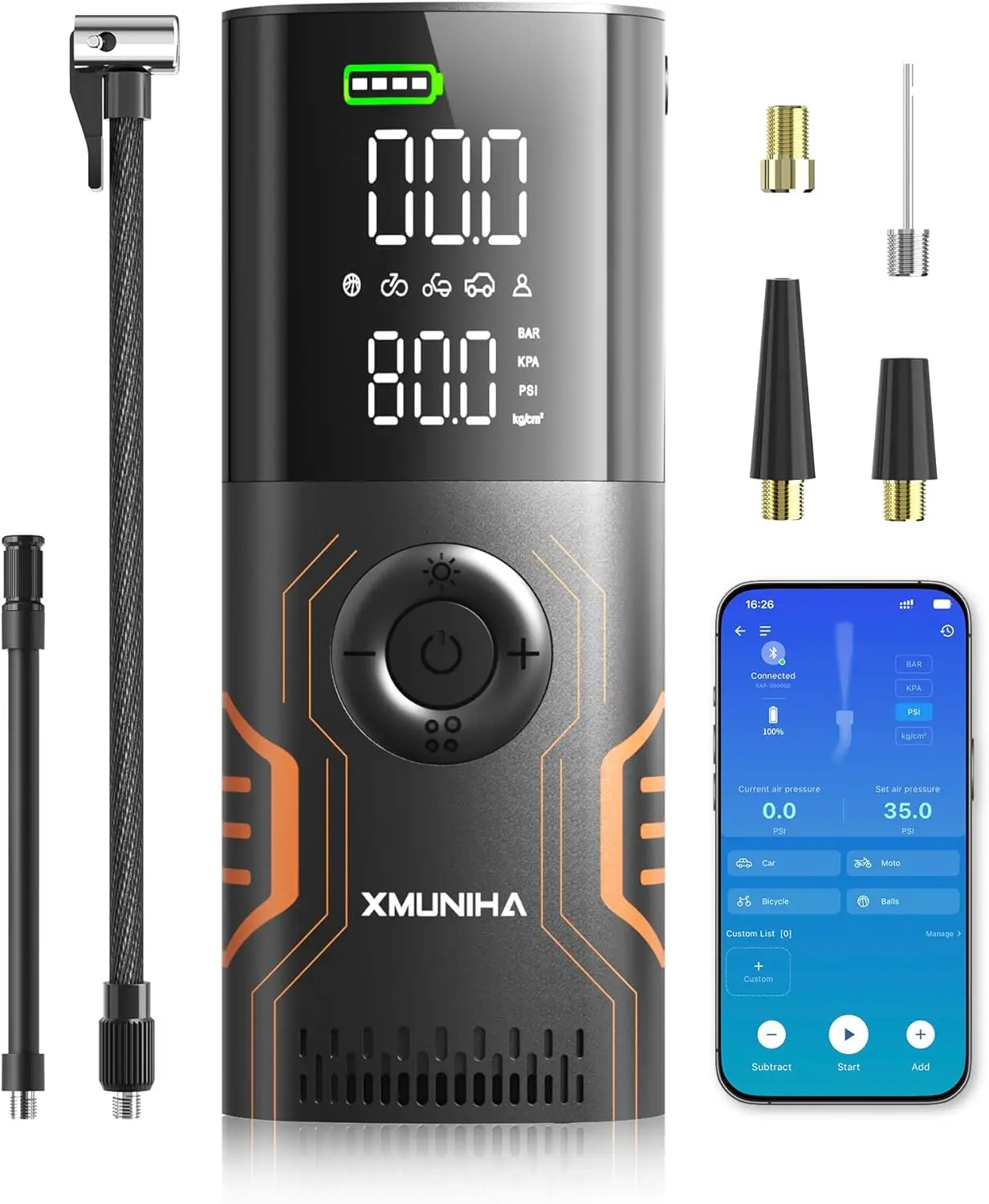 Gonfiatore portatile per pneumatici con controllo APP, pompa ad aria con manometro digitale 150PSI per auto, moto, bici e palline