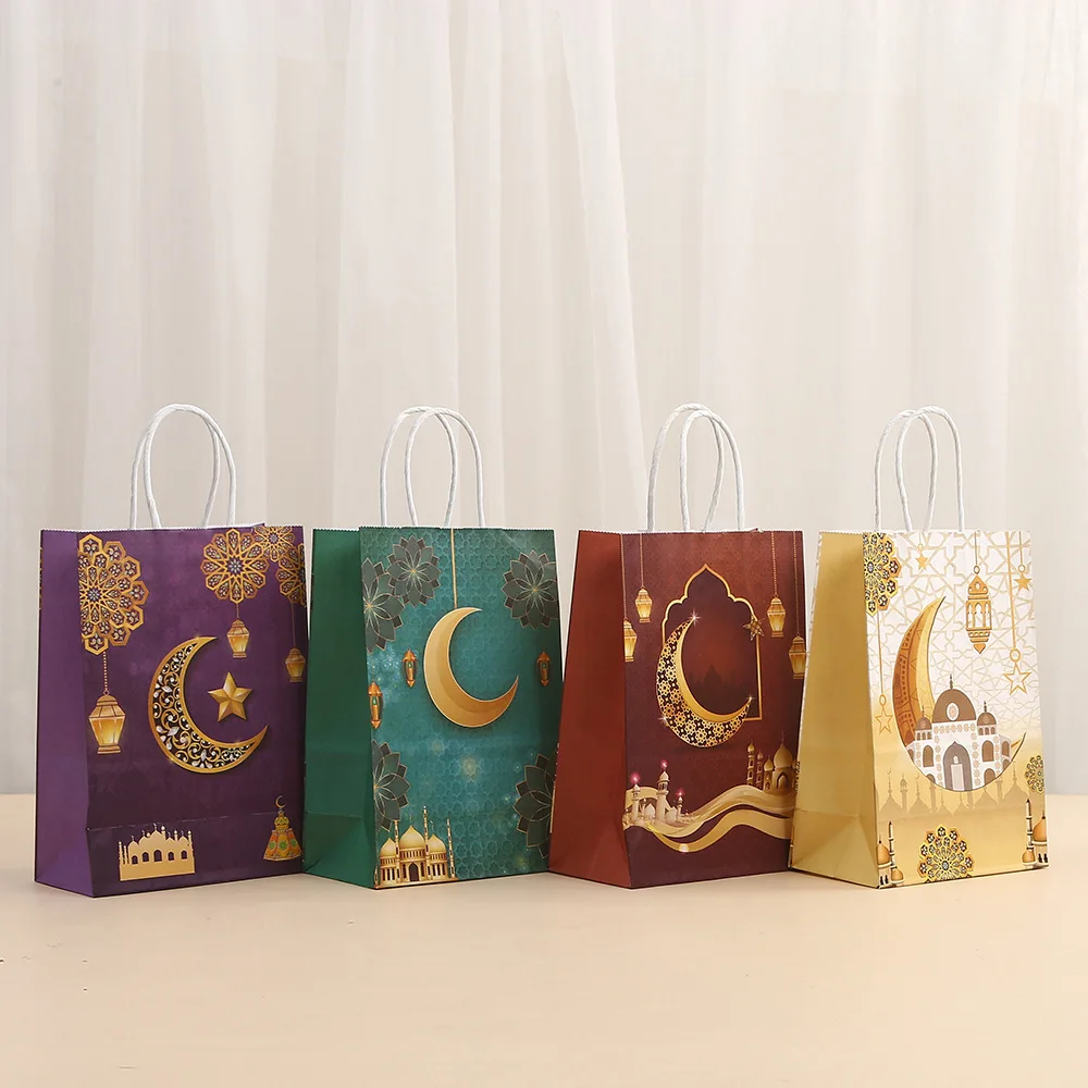 12/24PC Eid Mubarak Kraft Paper Bags Ramadan Kareem Gift Candy Packaging Bag Moon OMRA Cookies Bag Diy MUBARAK Eid al-Fitr Bags