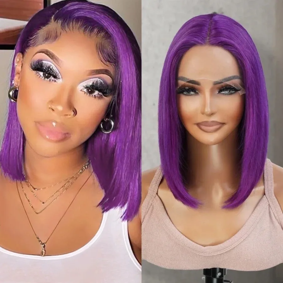 

Purple Short Straight Bob 13x4 Lace Front Human Hair Wig Glueless Remy Brazilian Hair 180% Density For Woman Perfect