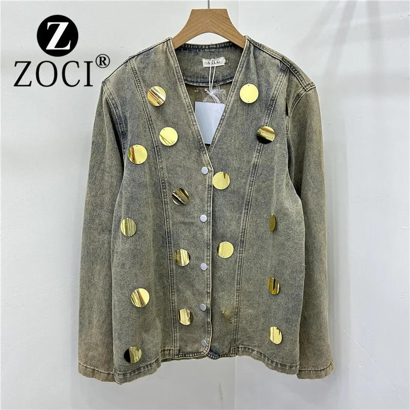 [ZOCI] Sparkle versatile loose top autumn new shoulder padded denim jacket women's clothing