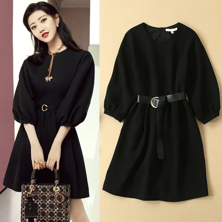 High End Women's Fashion Celebrity Xiao Xiangfeng Bubble Sleeved Dress Elegant Shows Slimming Waist And Small Black Dress In