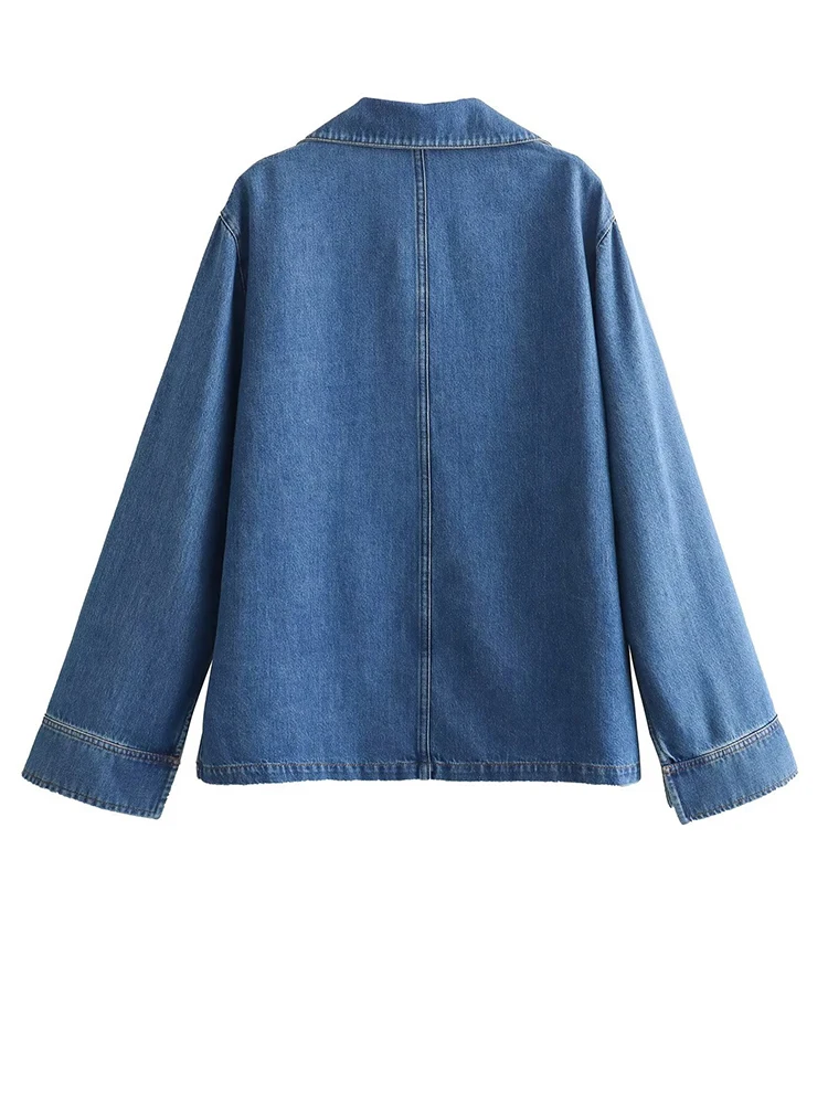 [EAM] Big Size Blue Denim Shirt Wide Leg Pants Two Piece Suit New Lapel Long Sleeve Women Fashion Spring Autumn 2024 1DH6390