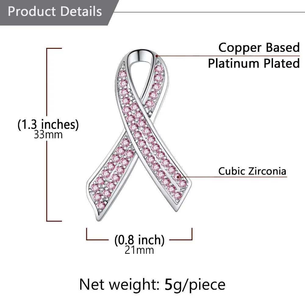 U7 Breast Cancer Awareness Pink Ribbon Brooches for Women White Cubic Zirconia Pin Classic Sign Symbol Unisex Jewelry B120