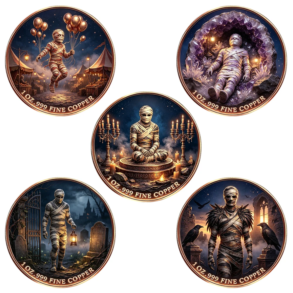 1pc Spooky Mummy Commemorative Copper Coin 1 Oz .999 Fine Copper Dark Gothic Mummy Collectible Medal Keepsake Gift for Halloween